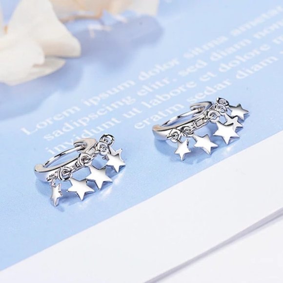 NEW 925 Sterling Silver Star Hoop Earrings - Picture 6 of 8